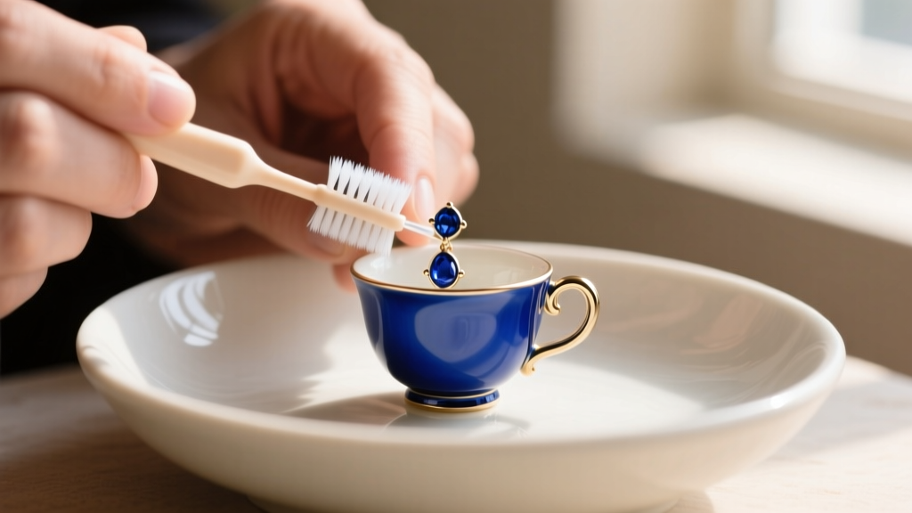 Close-up of a jeweler using a soft baby toothbrush to gently clean a blue enamel teacup earring charm over a ceramic bowl