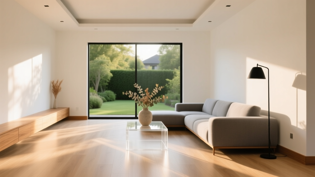 Sunlit modern living room featuring natural Marmoleum linoleum flooring in warm oatmeal tones with solid oak baseboards