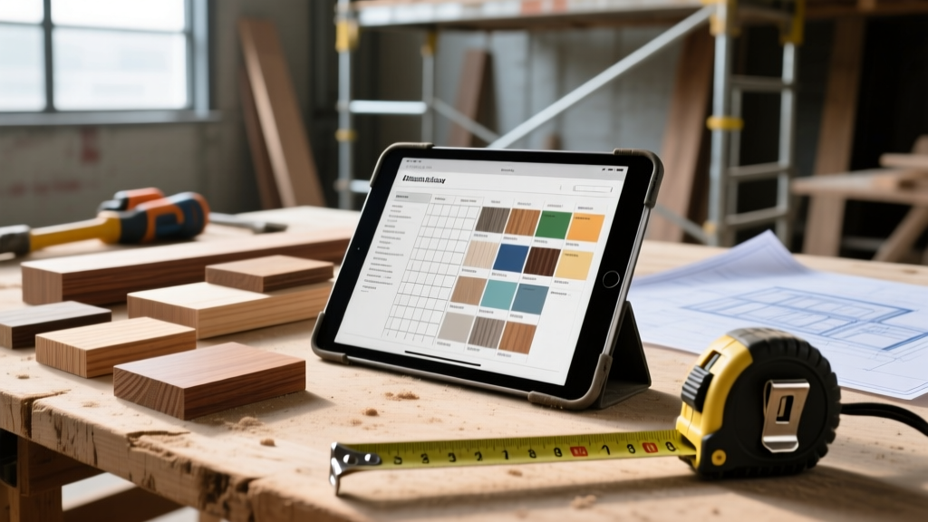 Close-up of a rugged tablet displaying a detailed digital building materials list template next to physical lumber samples and a tape measure on a dusty job site desk