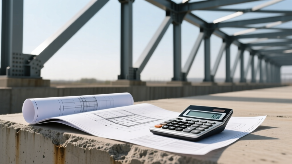 Architectural blueprints and a financial calculator resting on a concrete slab foundation with steel I-beams rising in the background