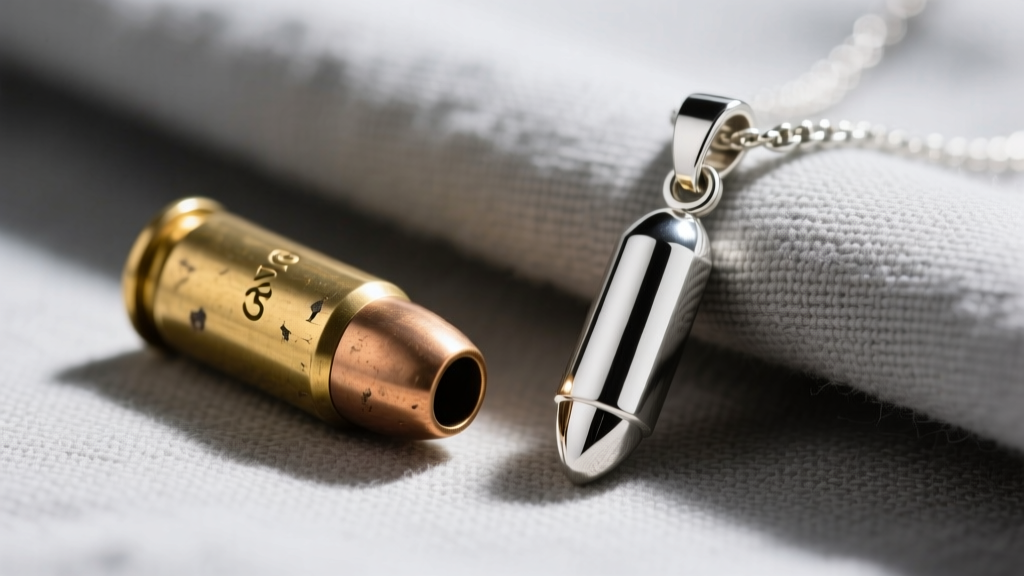 Macro shot of raw brass 9mm casing next to polished 925 sterling silver bullet pendant on a soft gray linen fabric backdrop.