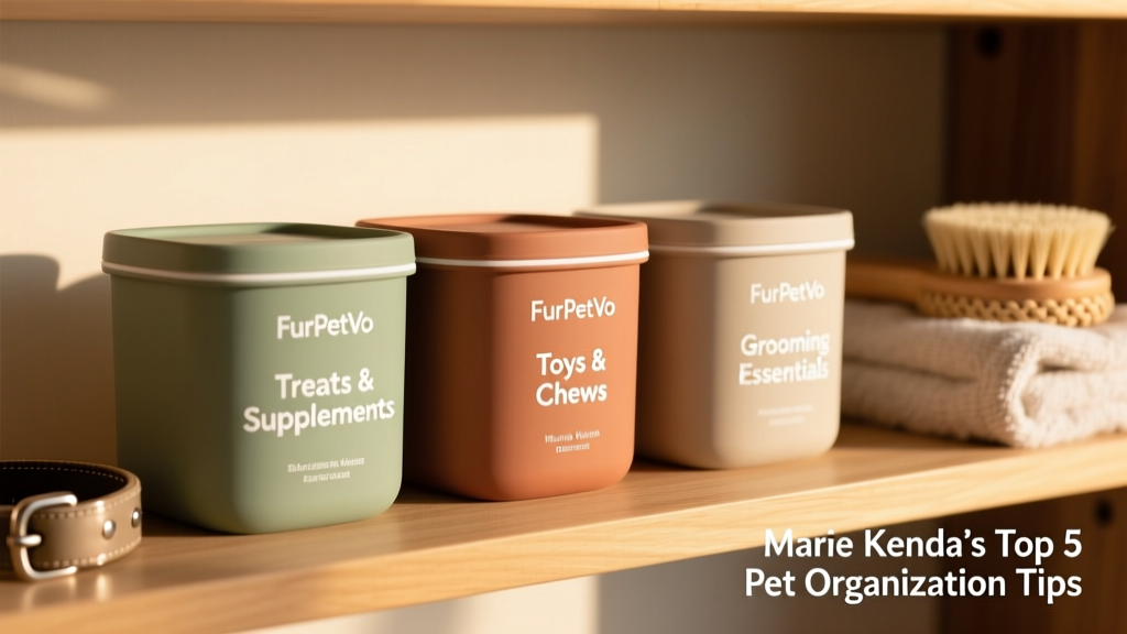 Close-up of neatly labeled FurPetVo storage containers: one marked 'Treats & Supplements,' another 'Toys & Chews,' and a third 'Grooming Essentials,' all with clean, minimalist typography