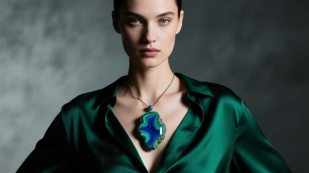 Model wearing large raw azurite malachite pendant over dark emerald green silk blouse, captured in moody editorial lighting