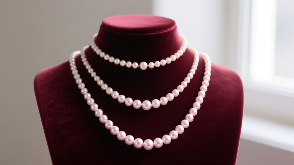 Three pearl necklaces in collar, choker, and princess lengths on a velvet bust, showing bright luster and soft pink overtones.