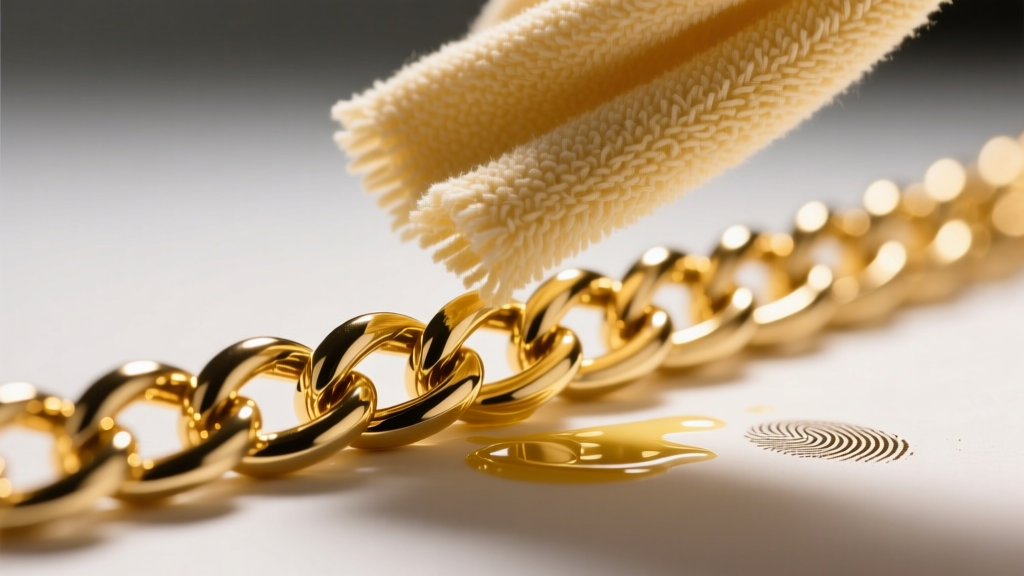Macro shot of a microfiber cloth wiping a 24k gold rope chain, removing oils under bright studio lighting to reveal pristine links.