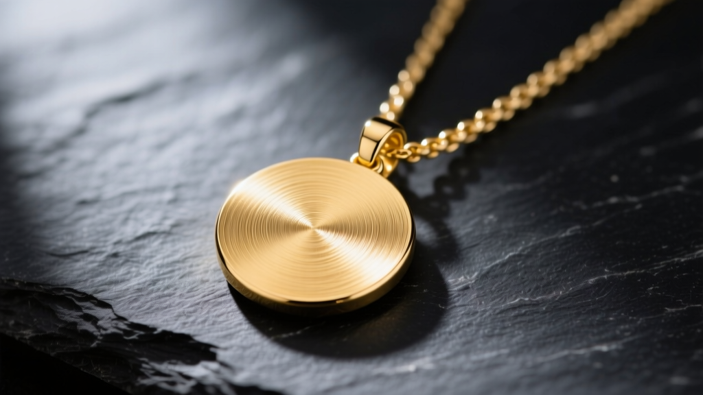 Macro shot of a 14k yellow gold round disc pendant on dark slate, highlighting the brushed finish and delicate cable chain.