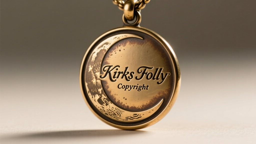 Detailed macro shot of a vintage moon pendant back showing the engraved Kirks Folly copyright hallmark on a brass plaque.