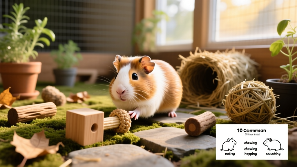 Guinea pig happily exploring a variety of safe, natural enrichment toys in a spacious enclosure