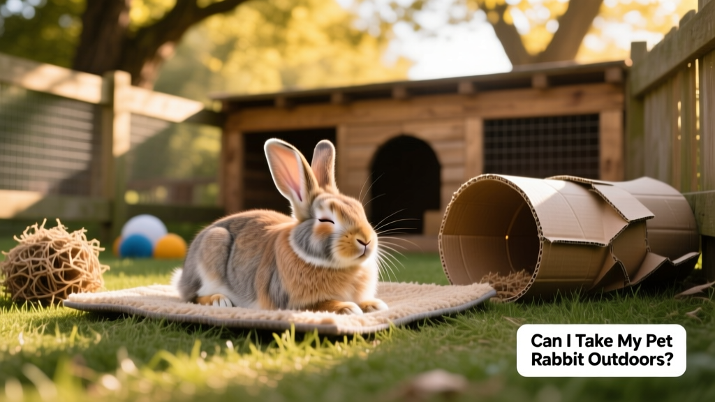 A rabbit relaxing in the shade of an outdoor playpen, next to a snuffle mat and a cardboard tunnel