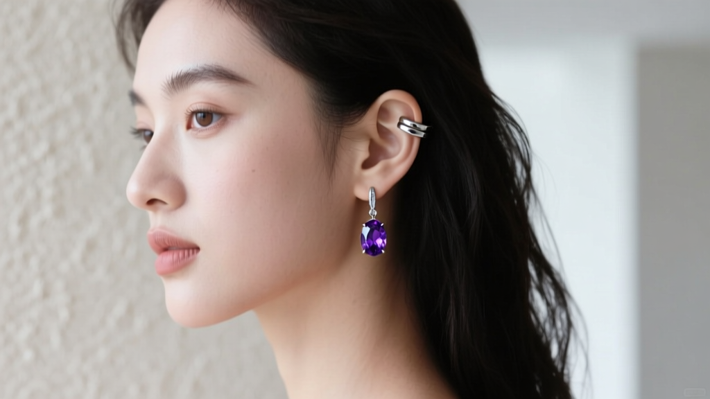 Side profile of a model with cool undertones wearing a silver ear cuff and a purple tanzanite drop earring in soft light