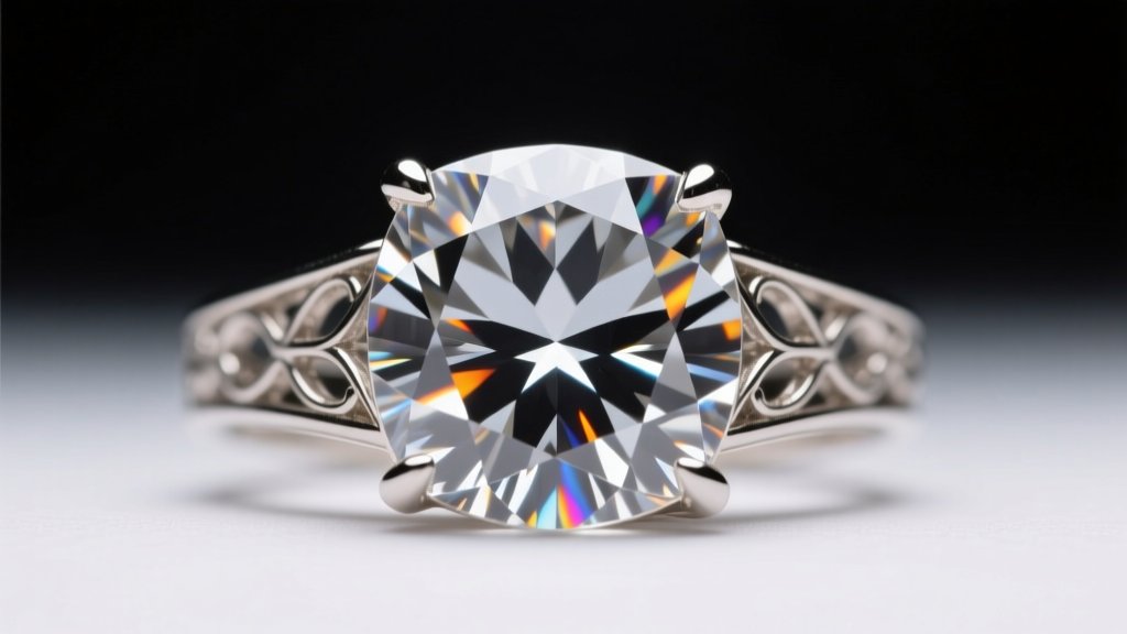 Macro view of an Old Mine cut diamond in a platinum filigree ring, highlighting the large open culet and high crown on dark velvet.
