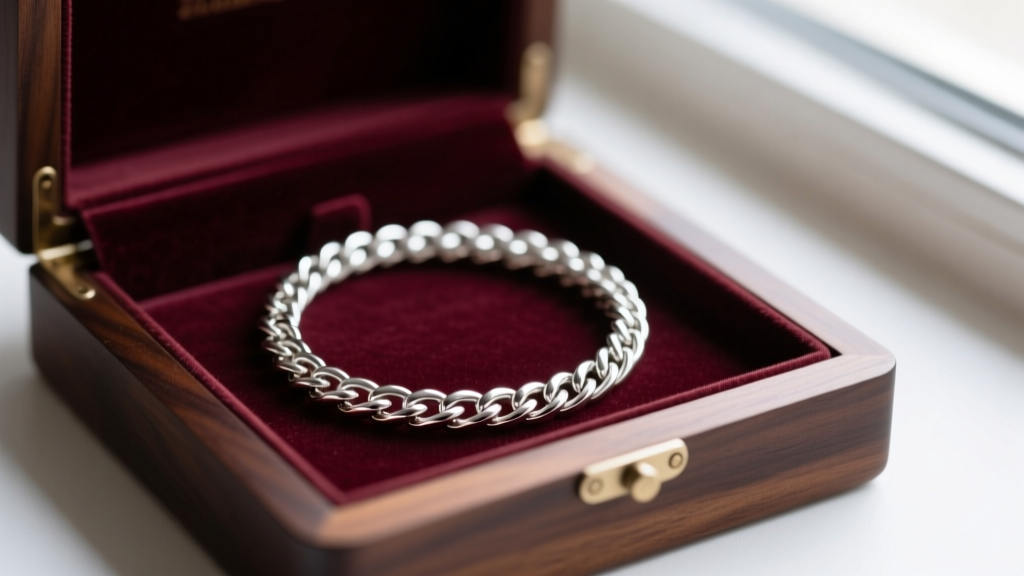 A 4mm sterling silver herringbone chain carefully coiled in a circle inside a velvet-lined wooden jewelry box to prevent kinking.