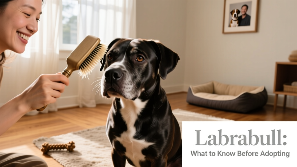 A person gently brushing a glossy-coated Labrabull indoors, with loose fur visible on the brush