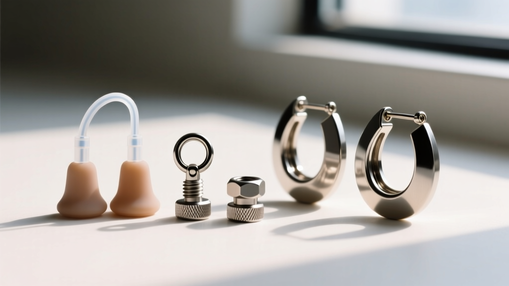 Flat lay of silicone discs, locking leverbacks, and heavy-duty ear nuts next to oversized hollow-form metal statement earrings.