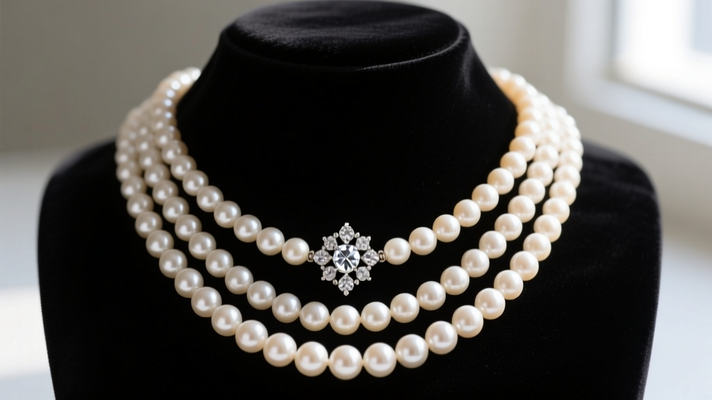 Vintage multi strand pearl necklace on dark velvet, showing three strands of cream akoya pearls and an ornate diamond clasp