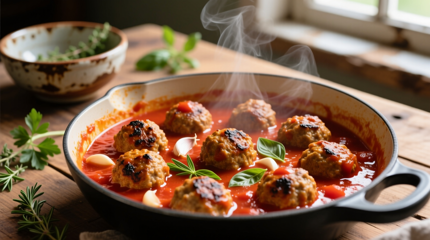 Homemade meatballs simmering in rich tomato sauce