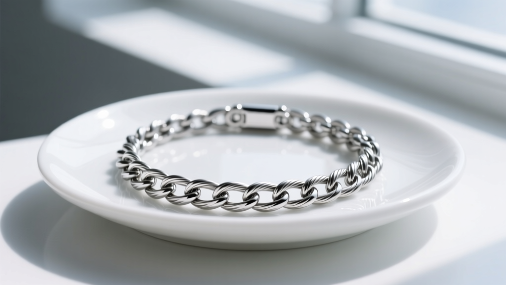 Macro shot of a 16-gauge implant-grade titanium cable chain necklace resting on a clean white ceramic jewelry display dish.