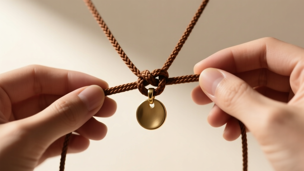 Hands tying a brown waxed cotton sliding knot on an adjustable necklace cord with a brass pendant under soft lighting