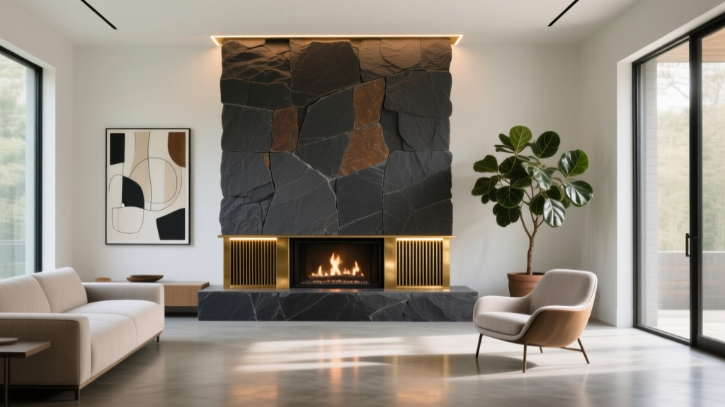 Modern living room with a floor-to-ceiling fireplace clad in dark charcoal ledgestone cultured stone veneer and warm brass accents