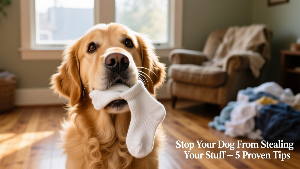A curious dog gently holding a sock in its mouth, looking up at the camera