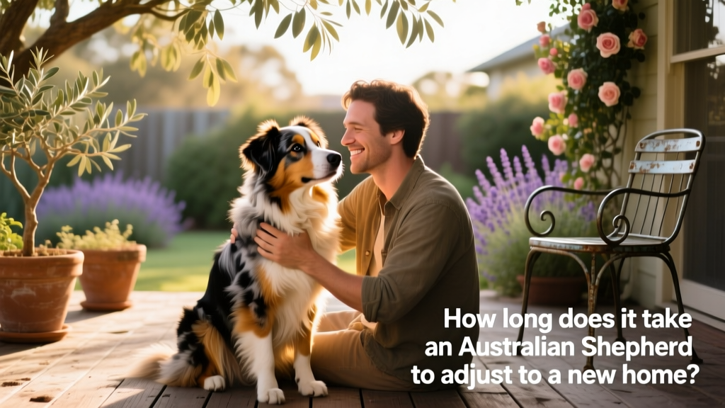 Australian Shepherd sitting calmly beside their owner on a backyard patio, both relaxed and making eye contact