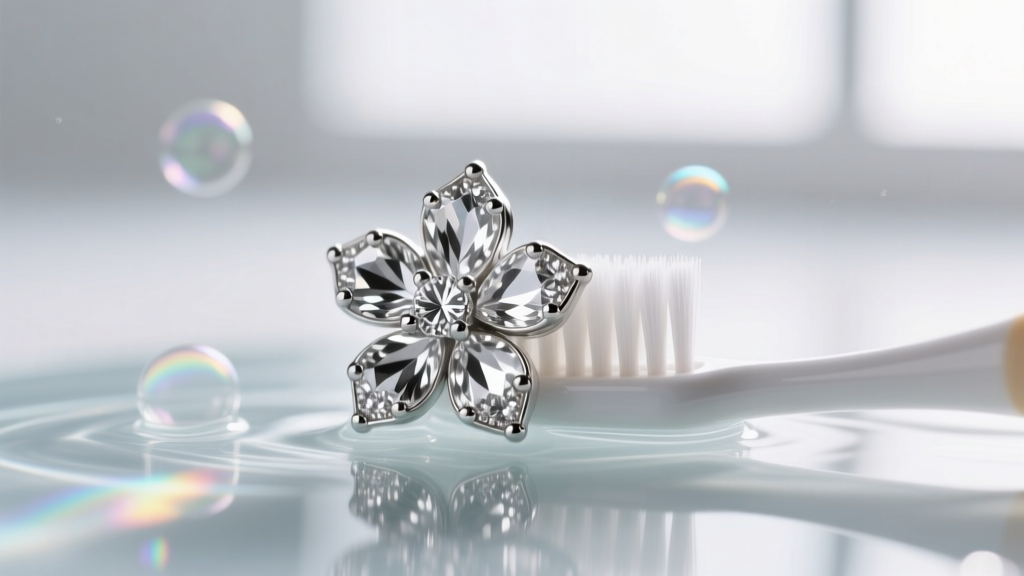 Soft toothbrush gently scrubbing the intricate pavé petals of a silver crystal flower earring submerged in a mild soapy solution.