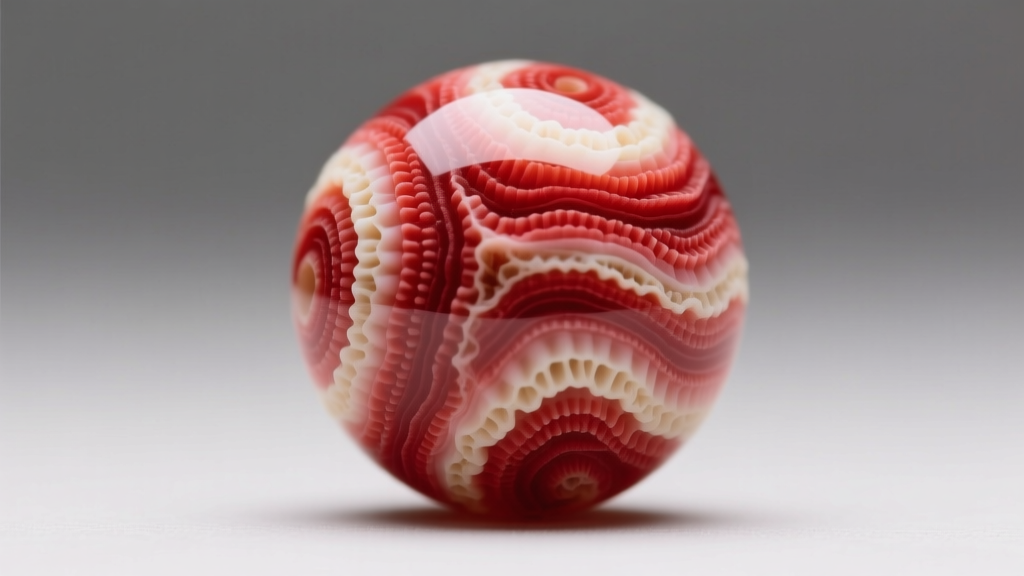 Macro shot of a natural red coral bead under a loupe, revealing subtle organic growth rings and natural color banding details.