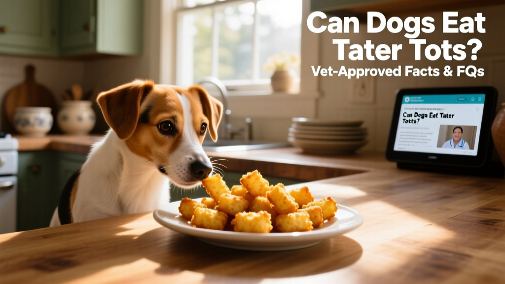 A small dog curiously sniffing a plate of golden tater tots on a kitchen counter