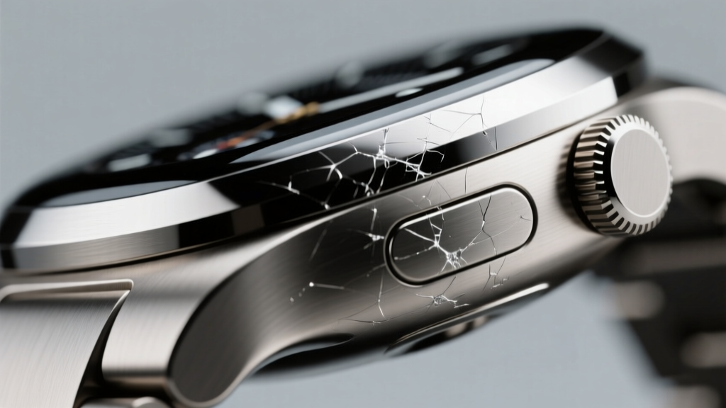 Close-up macro shot of a titanium smartwatch bezel showing minor micro-scratches under bright studio lighting to highlight durability testing