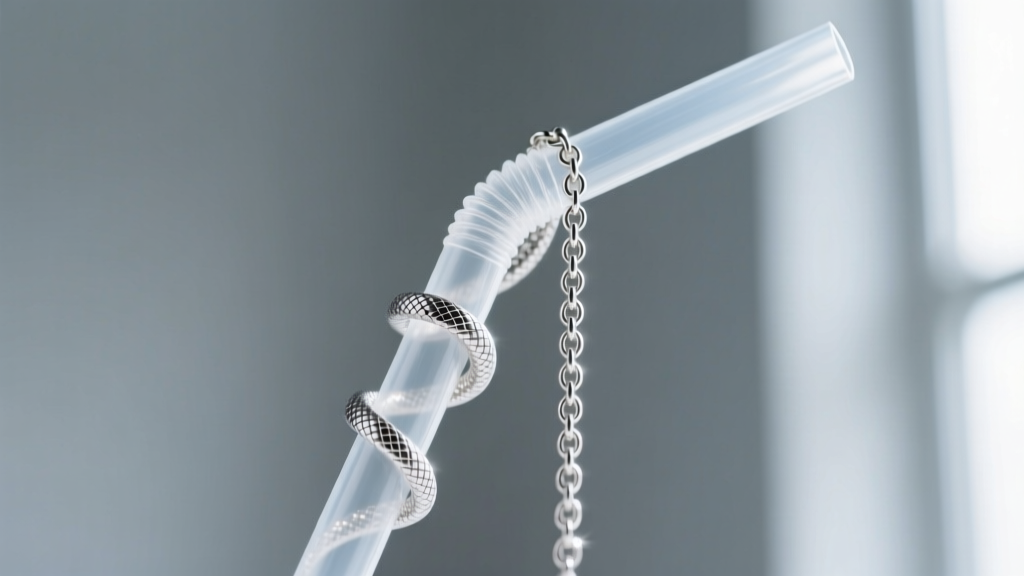 Close-up of a delicate sterling silver snake chain threaded through a clear plastic drinking straw to prevent storage knotting.