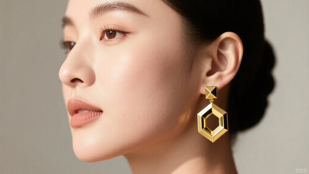 Profile of a woman wearing gold asscher cut drop earrings, showing how the geometric square shape flatters a soft round face.