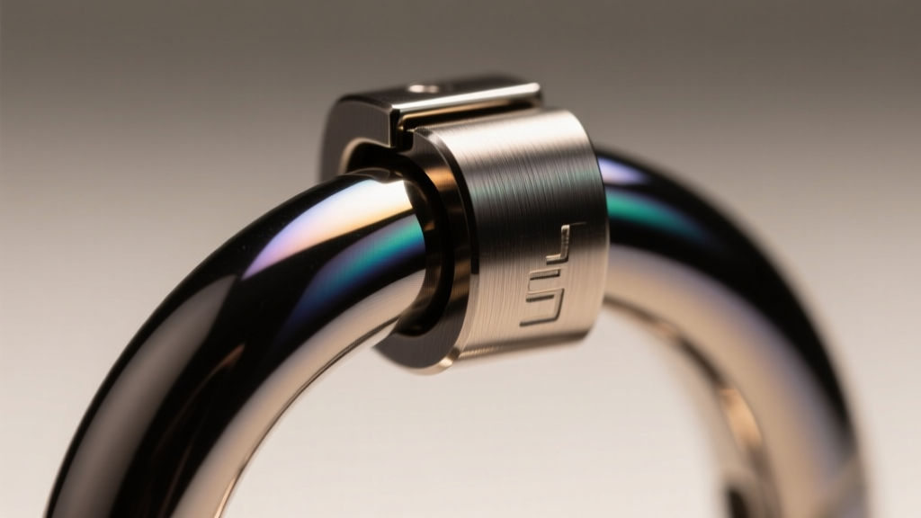 Close-up of a hinged clicker closure on a PVD titanium huggie hoop, showing the precise interlocking seam mechanism in focus.