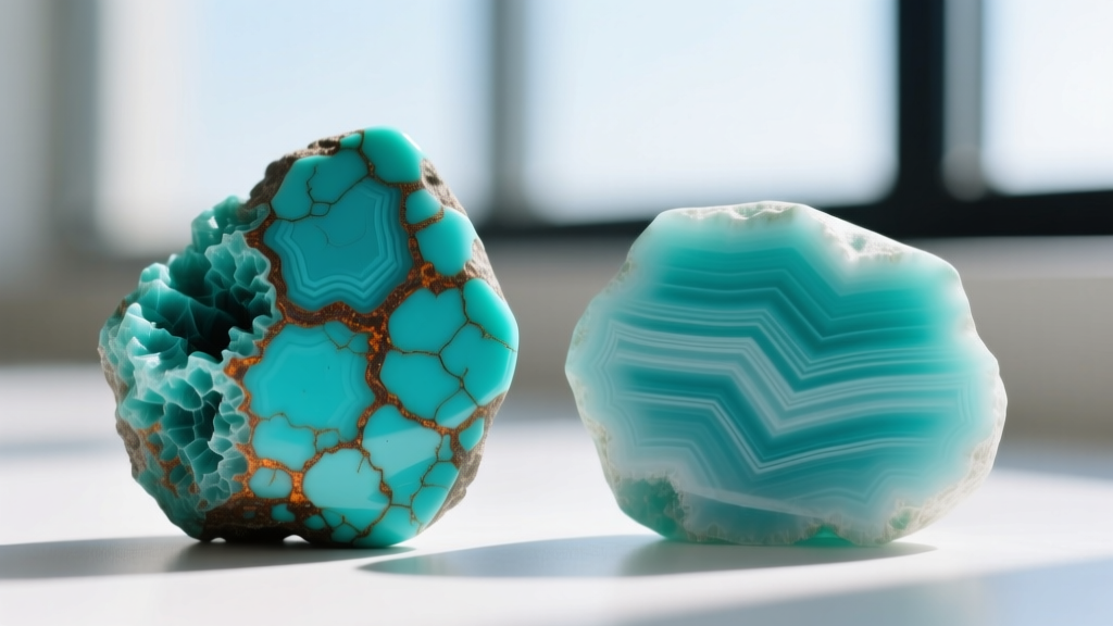 Macro photo comparing genuine webbed turquoise beside a dyed howlite imitation, highlighting natural matrix veining differences