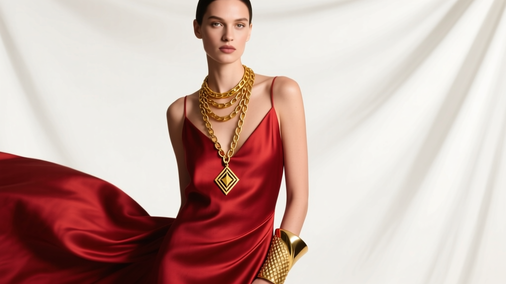 Model in crimson silk dress wearing layered 18k yellow gold lariat necklace and textured cuff, soft editorial studio lighting
