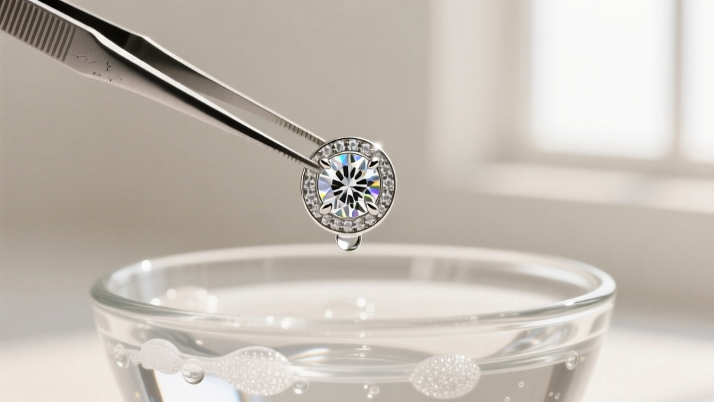 Modern bezel-set diamond stud earring held with tweezers over a glass bowl of soapy cleaning solution, soft studio lighting set.