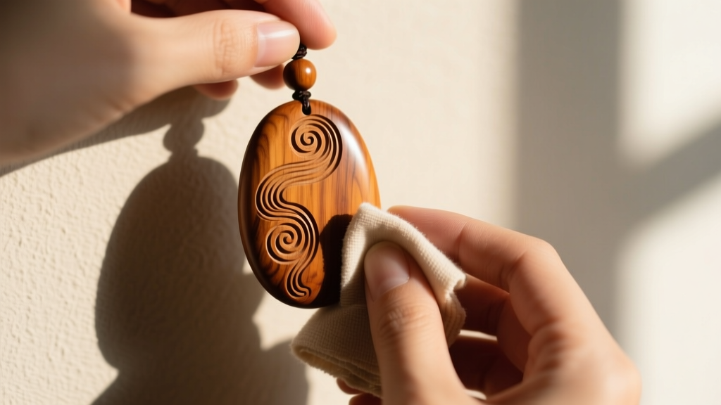 Hands wiping a carved camphorwood pendant with a soft cloth, revealing the natural oily patina and smooth organic wood texture.