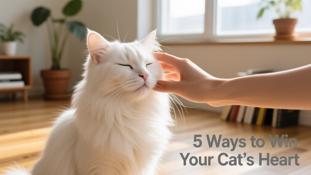 Long-haired white cat being gently pet on the face, calm and relaxed expression