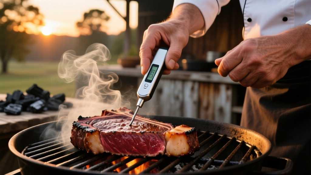 A close-up of a man using a wireless meat thermometer on a thick ribeye steak on a charcoal grill at sunset, smoke billowing around the grates.