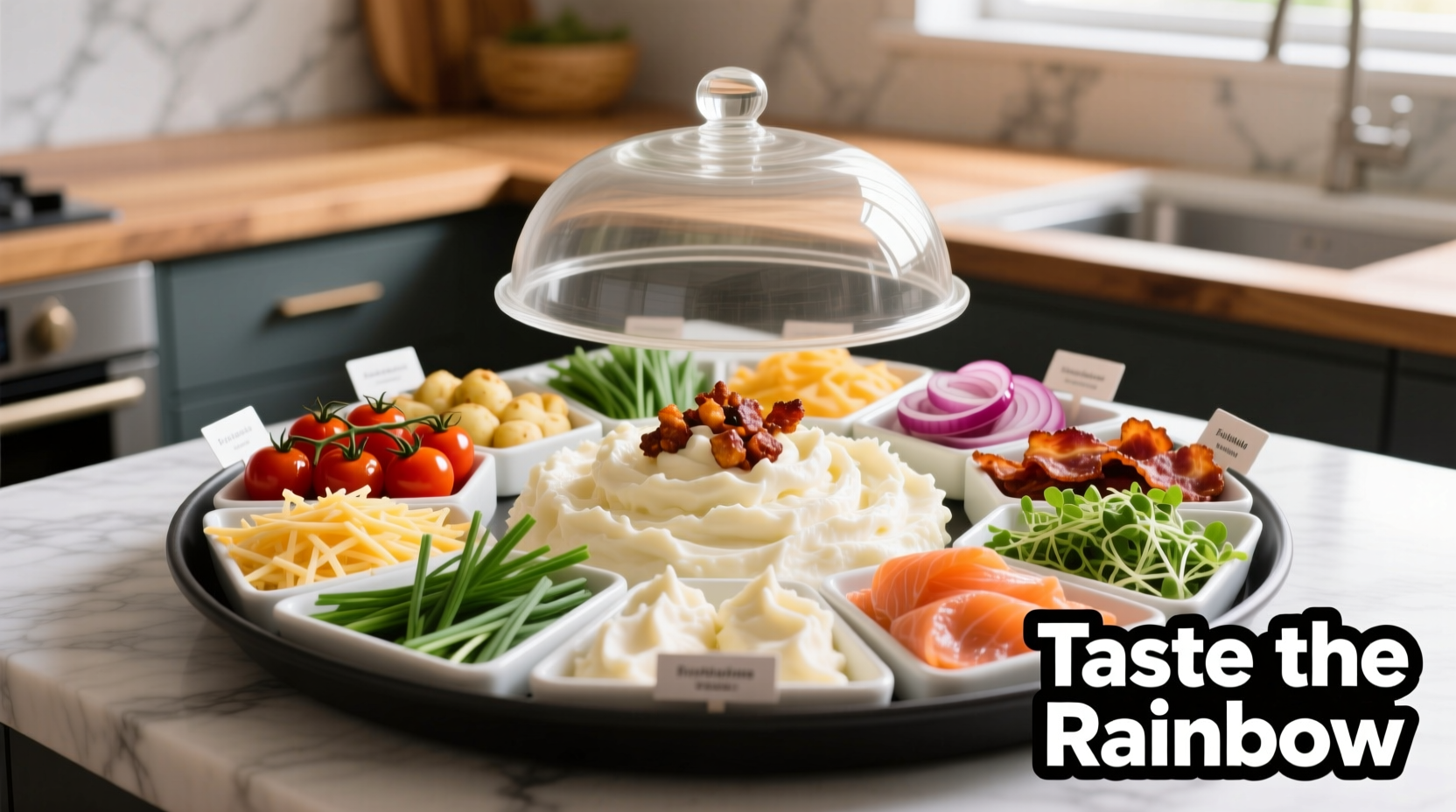 Colorful mashed potato bar with various toppings arranged