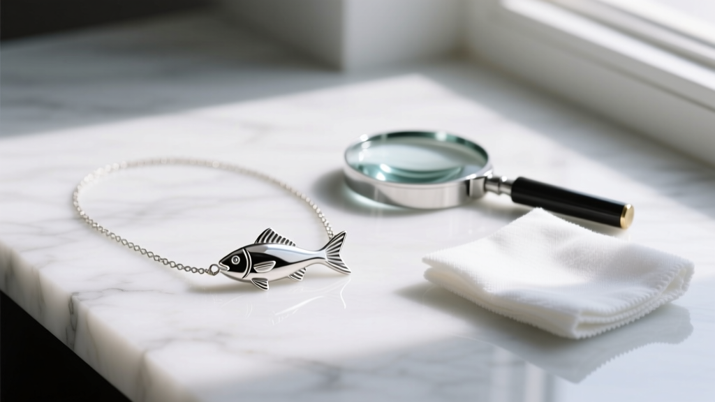925 sterling silver Christian fish necklace with rhodium finish on white marble, next to a polishing cloth and a jeweler loupe.