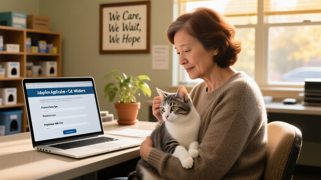 A person gently holding a cat while reviewing adoption applications on a laptop