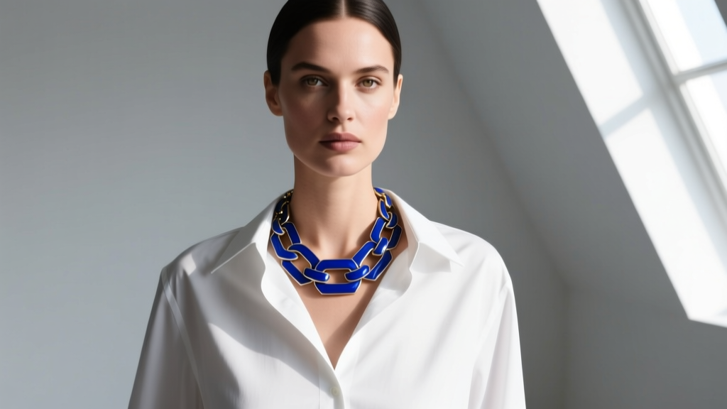 Woman wearing a cobalt blue enamel link statement necklace over a crisp white button-down shirt in bright natural light.