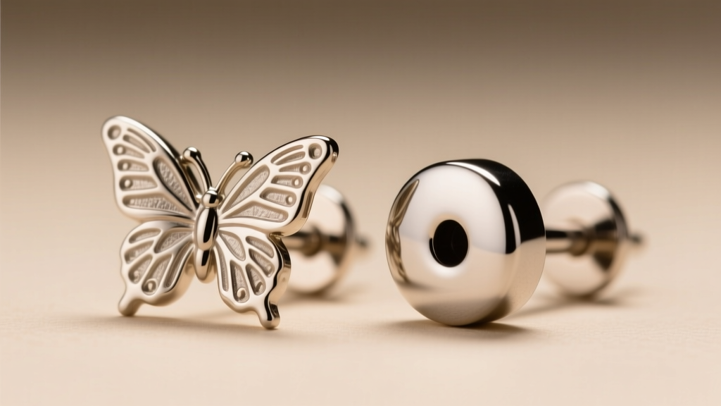 Macro shot comparing a standard butterfly back earring post to a smooth titanium flat-back labret, highlighting the polished finish