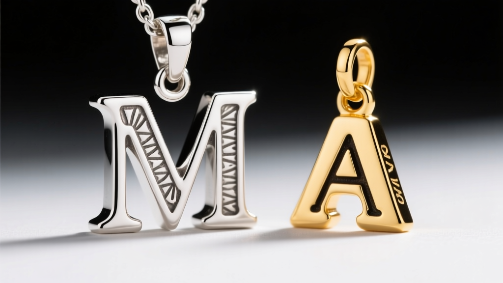 Macro shot of laser-engraved sterling silver letter M pendant with faded edges next to a deeply hand-stamped solid gold A charm.