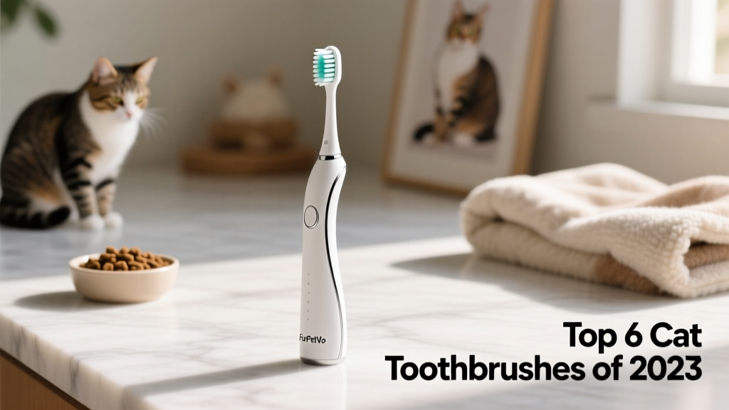 FurPetVo Cat Toothbrush shown upright on a clean surface, highlighting its compact head and ergonomic handle