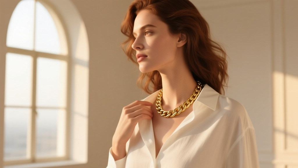 Woman wearing a gold Celine Triomphe chainmail necklace over a crisp white linen shirt, illuminated by warm natural window light