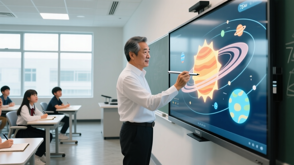 High school teacher using a stylus on a 75-inch interactive flat panel display while students watch in a modern classroom