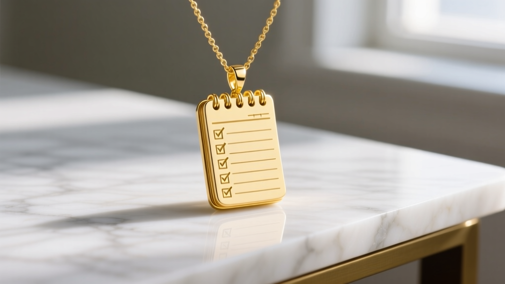 14k yellow gold todo necklace pendant shaped like a notepad with laser-engraved checklist lines resting on a white marble desk.
