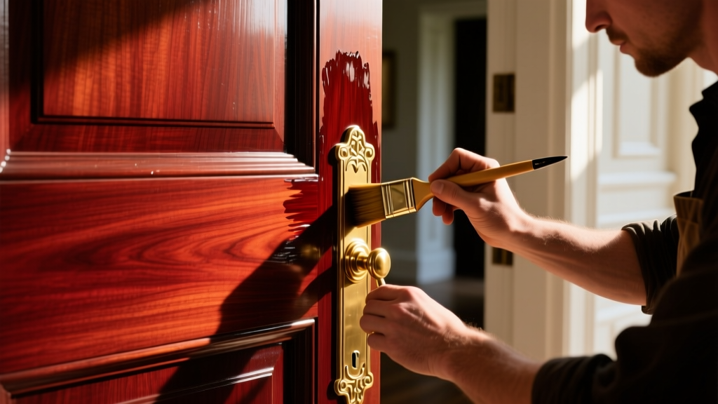 Close-up of a craftsman applying marine-grade varnish to a solid mahogany entry door with brass hardware in bright sunlight