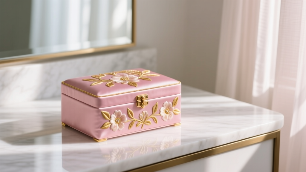 Blush pink silk embroidered jewelry box with floral goldwork stitching, resting on a white marble vanity with soft morning light.